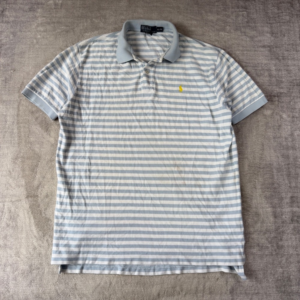 Polo Ralph Lauren Shirt Mens XL Blue Polo Striped Cotton Pique Short Sleeve